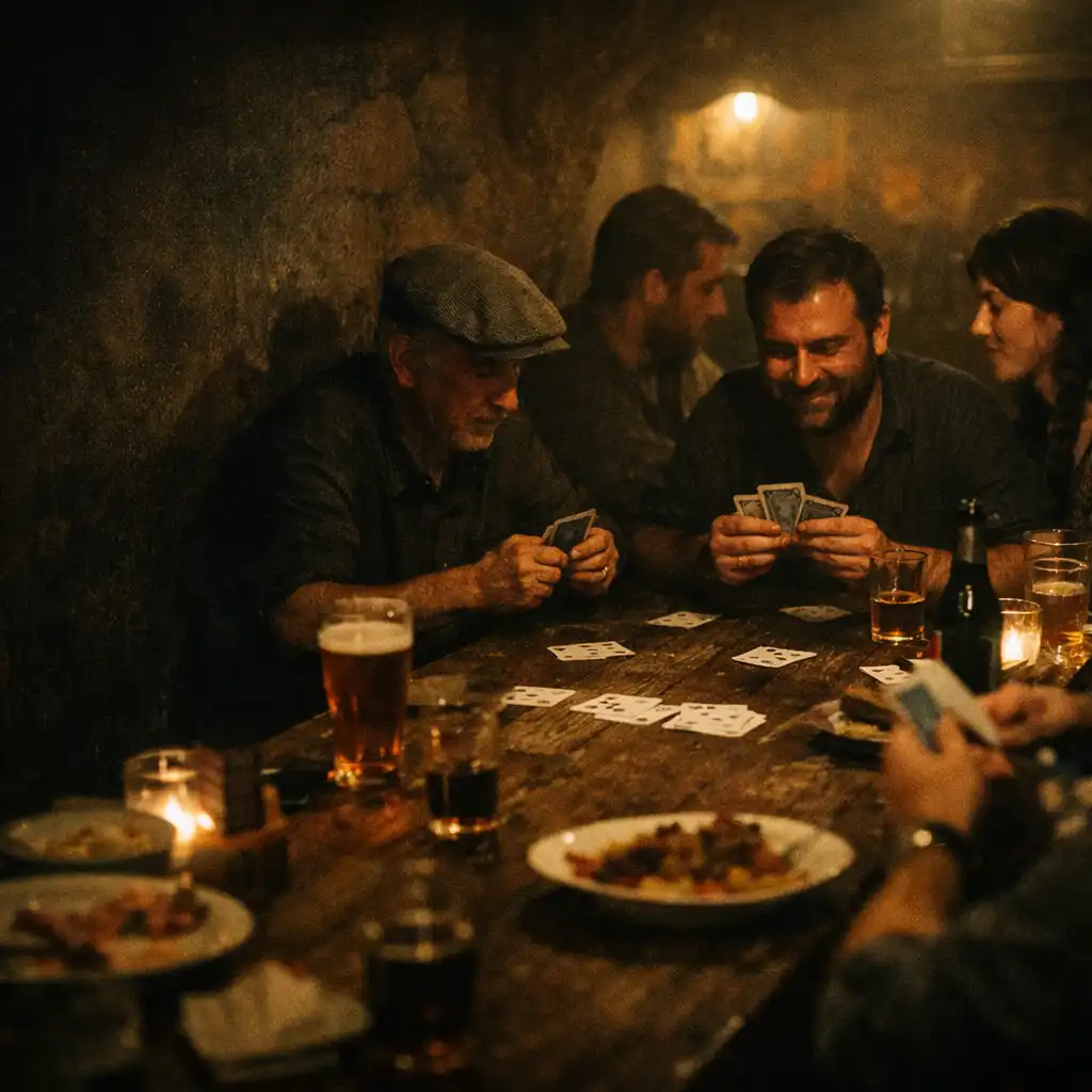 Underground asztali jelenet vacsorával és kártyajátékkal