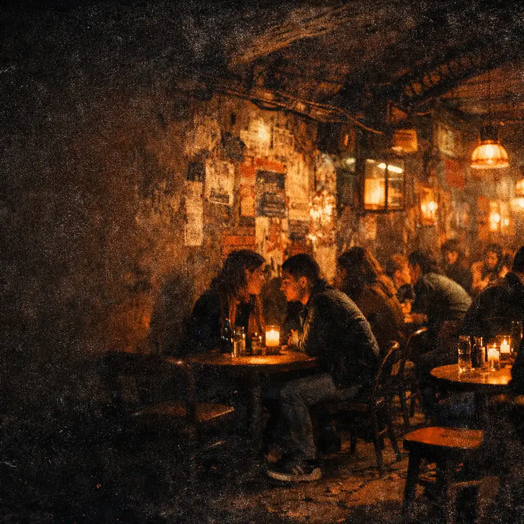 Underground esti jelenet asztalokkal és emberekkel